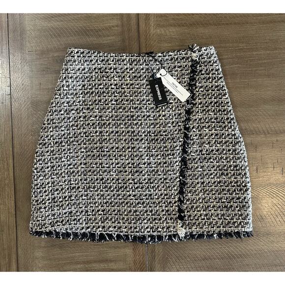 Express Black Gold Multi Tweed Mini Skirt Fringe Trim Mock Wrap NWT Size 6 NEW - Picture 14 of 14